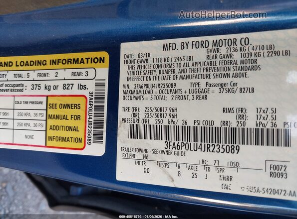 3FA6P0LU4JR235089 2018 FORD FUSION HYBRID Blue ძრავის განყოფილების ხედი