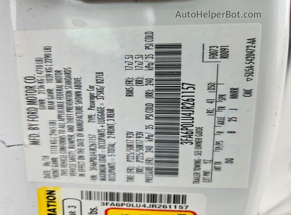 3FA6P0LU4JR261157 2018 FORD FUSION White Vista del compartimento del motor