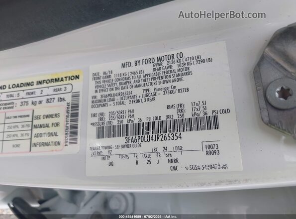 3FA6P0LU4JR265354 2018 FORD FUSION HYBRID White ძრავის განყოფილების ხედი