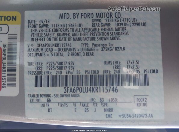 3FA6P0LU4KR115746 2019 FORD FUSION HYBRID Gold Շարժիչի բաժամունքի տեսք