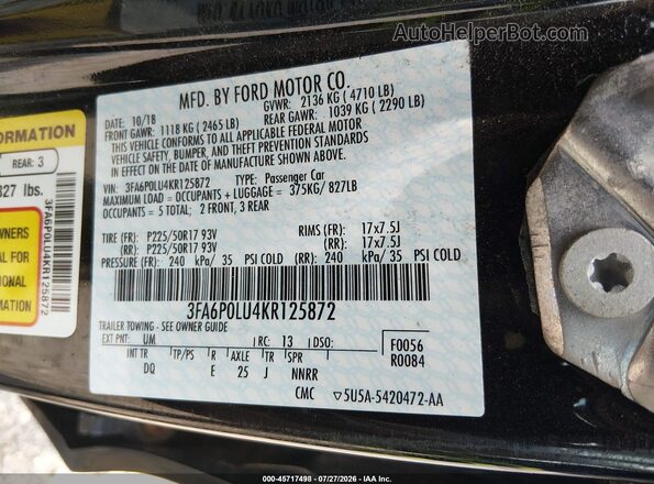3FA6P0LU4KR125872 2019 FORD FUSION HYBRID Black Vista del compartimento del motor