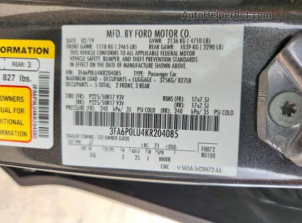 3FA6P0LU4KR204085 2019 FORD FUSION Серый Вид подкапотного пространства