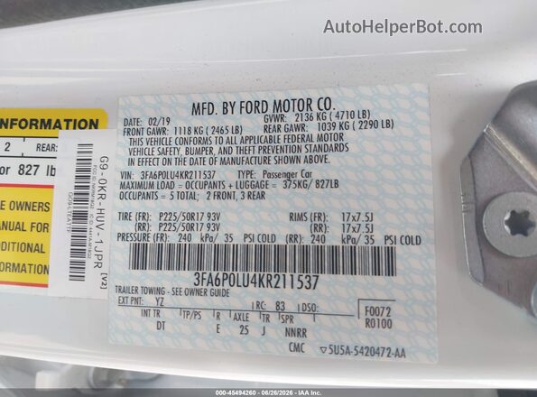 3FA6P0LU4KR211537 2019 FORD FUSION HYBRID White Շարժիչի բաժամունքի տեսք