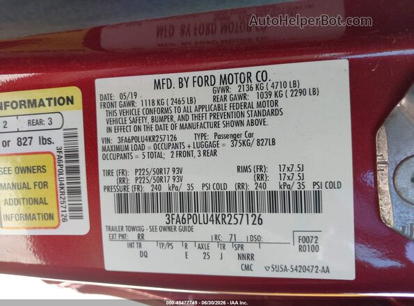 3FA6P0LU4KR257126 2019 FORD FUSION HYBRID Красный Вид подкапотного пространства