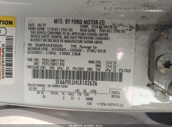 3FA6P0LU4LR102626 2020 FORD FUSION Белый Вид подкапотного пространства