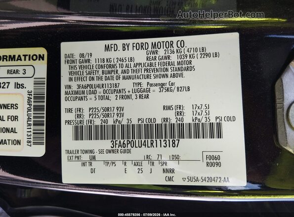 3FA6P0LU4LR113187 2020 FORD FUSION Черный Вид подкапотного пространства