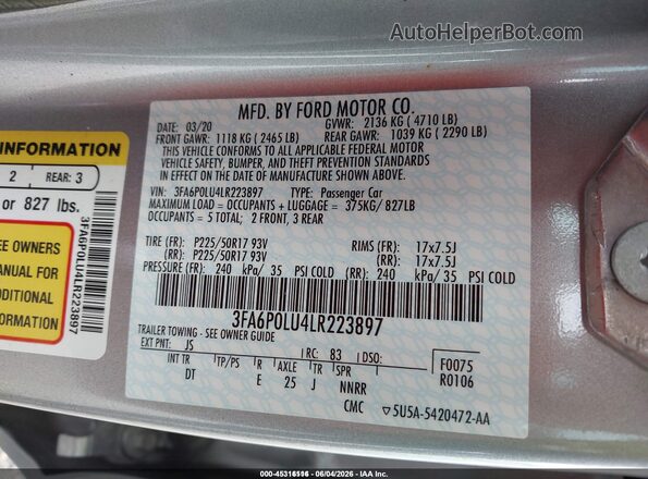 3FA6P0LU4LR223897 2020 FORD FUSION Silver Вид підкапотного простору