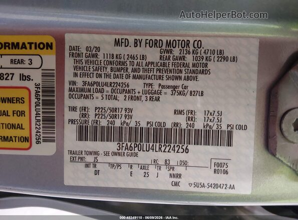 3FA6P0LU4LR224256 2020 FORD FUSION Silver Вид підкапотного простору