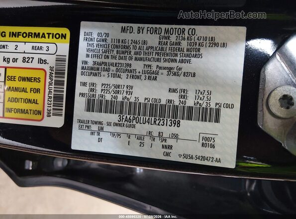 3FA6P0LU4LR231398 2020 FORD FUSION Black Engine compartment view