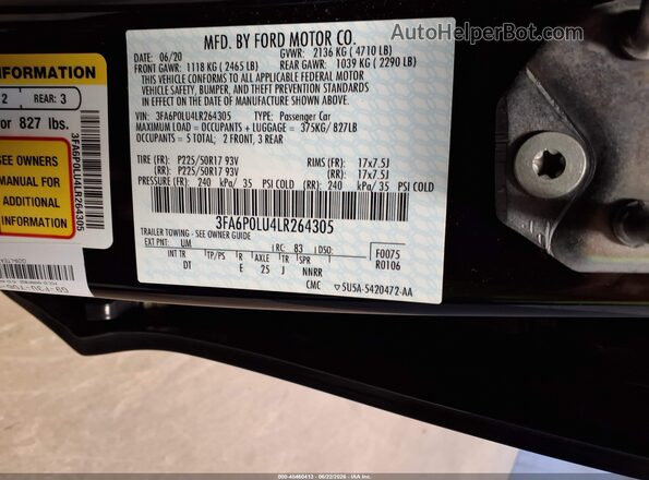3FA6P0LU4LR264305 2020 FORD FUSION Black ძრავის განყოფილების ხედი