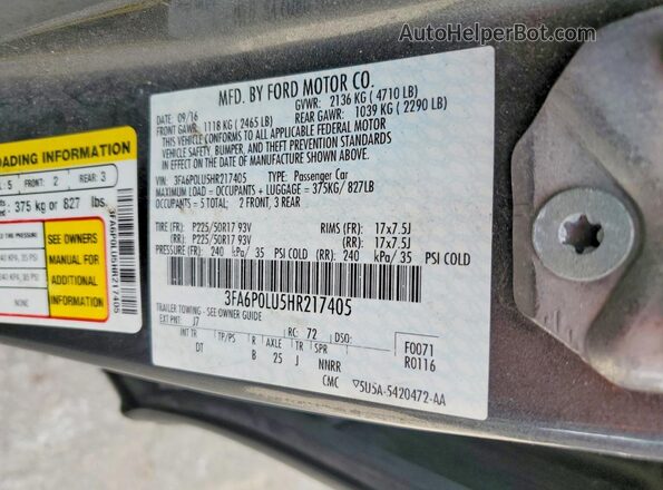 3FA6P0LU5HR217405 2017 FORD FUSION Charcoal Vista del compartimento del motor