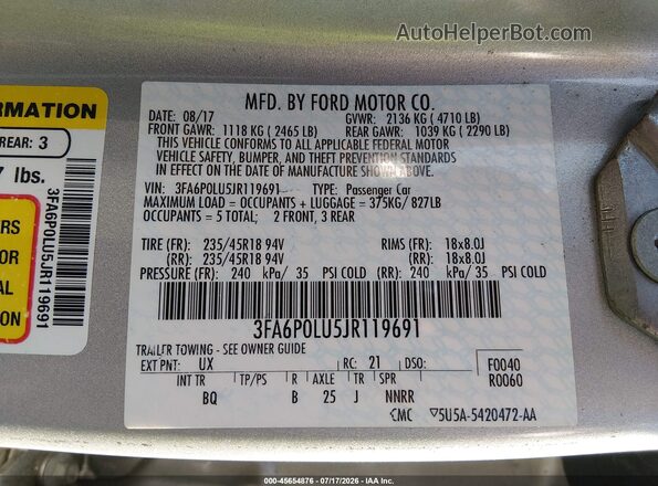 3FA6P0LU5JR119691 2018 FORD FUSION HYBRID Silver Vista del compartimento del motor