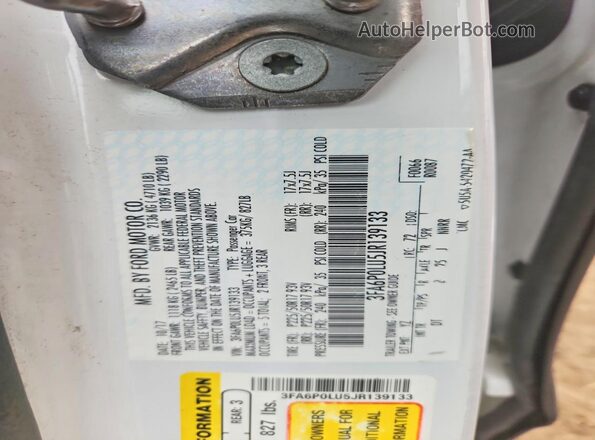 3FA6P0LU5JR139133 2018 FORD FUSION White VIN კოდის სტიკერის ხედი