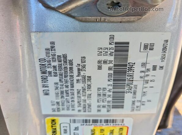 3FA6P0LU5JR139942 2018 FORD FUSION Silver Вид підкапотного простору