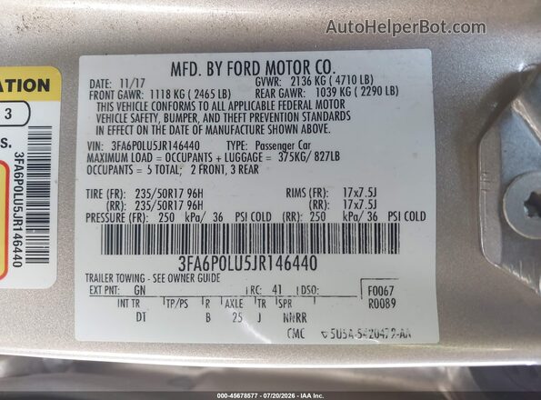 3FA6P0LU5JR146440 2018 FORD FUSION HYBRID Золотой Вид подкапотного пространства