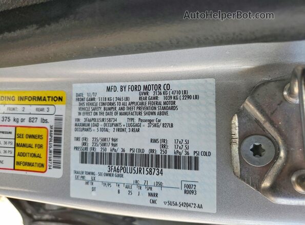3FA6P0LU5JR158734 2018 FORD FUSION Silver VIN sticker view