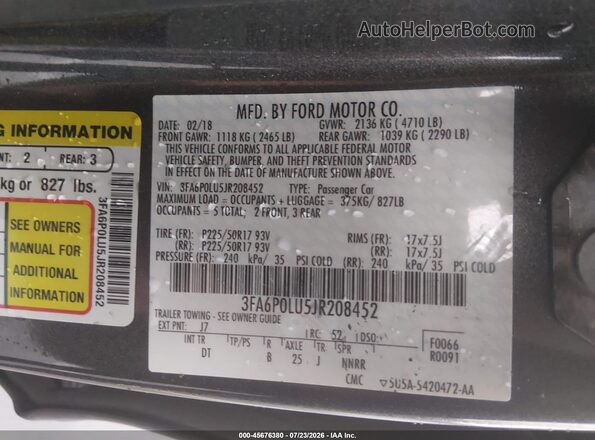 3FA6P0LU5JR208452 2018 FORD FUSION HYBRID Gray Widok komory silnika