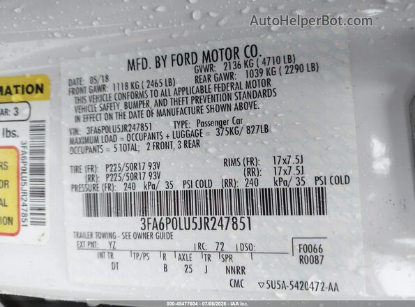 3FA6P0LU5JR247851 2018 FORD FUSION HYBRID White Вид підкапотного простору
