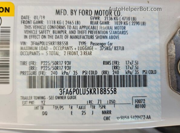 3FA6P0LU5KR188558 2019 FORD FUSION White Vista del compartimento del motor