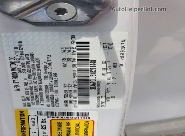 3FA6P0LU5KR211448 2019 FORD FUSION White ძრავის განყოფილების ხედი