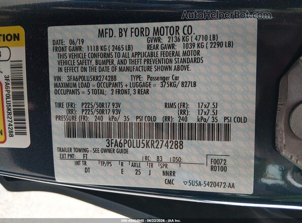 3FA6P0LU5KR274288 2019 FORD FUSION HYBRID Blue Շարժիչի բաժամունքի տեսք
