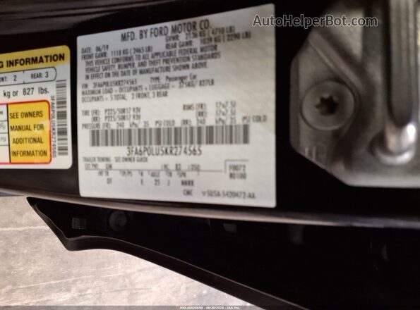 3FA6P0LU5KR274565 2019 FORD FUSION HYBRID Black Вид підкапотного простору