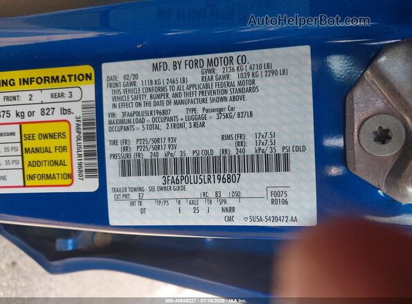 3FA6P0LU5LR196807 2020 FORD FUSION Blue Вид підкапотного простору