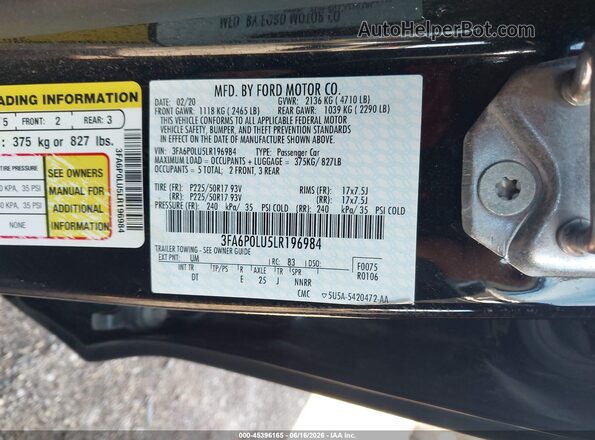 3FA6P0LU5LR196984 2020 FORD FUSION Black Engine compartment view