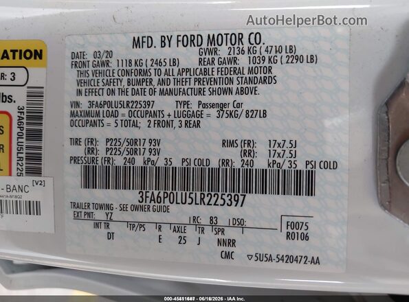 3FA6P0LU5LR225397 2020 FORD FUSION White Widok komory silnika