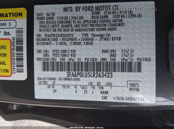 3FA6P0LU5LR263423 2020 FORD FUSION Gray Vista del compartimento del motor