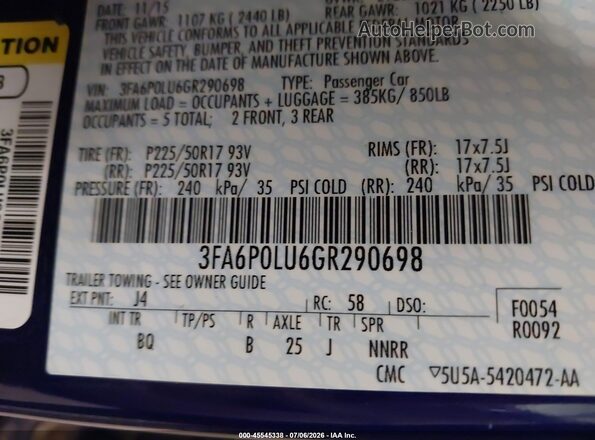3FA6P0LU6GR290698 2016 FORD FUSION HYBRID Blue Engine compartment view