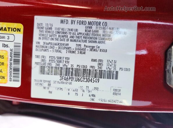 3FA6P0LU6GR304549 2016 FORD FUSION Red Vista del compartimento del motor