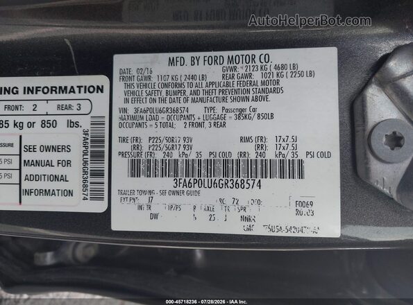 3FA6P0LU6GR368574 2016 FORD FUSION HYBRID Gray Շարժիչի բաժամունքի տեսք