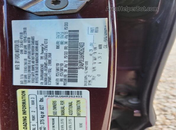 3FA6P0LU6HR262403 2017 FORD FUSION Burgundy ძრავის განყოფილების ხედი
