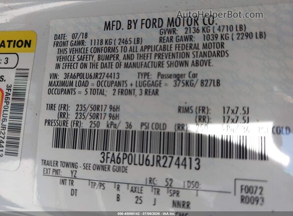 3FA6P0LU6JR274413 2018 FORD FUSION HYBRID White Engine compartment view
