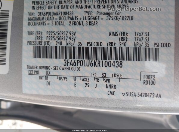 3FA6P0LU6KR100438 2019 FORD FUSION HYBRID Silver Շարժիչի բաժամունքի տեսք