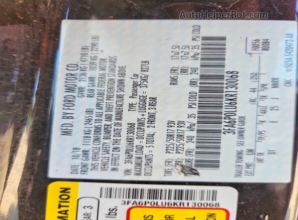 3FA6P0LU6KR130068 2019 FORD FUSION Black ძრავის განყოფილების ხედი