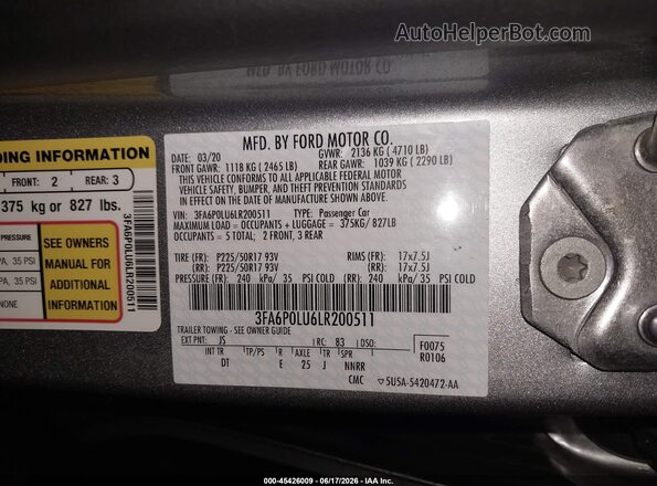 3FA6P0LU6LR200511 2020 FORD FUSION Silver Շարժիչի բաժամունքի տեսք