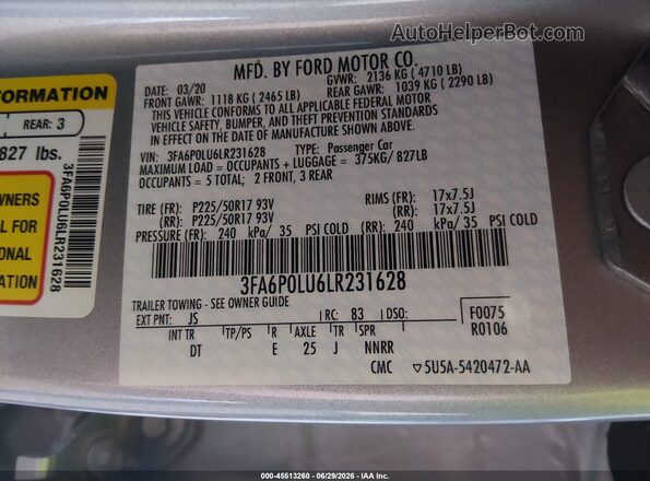 3FA6P0LU6LR231628 2020 FORD FUSION Silver Widok komory silnika