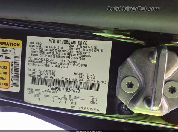 3FA6P0LU6LR245173 2020 FORD FUSION Black Շարժիչի բաժամունքի տեսք