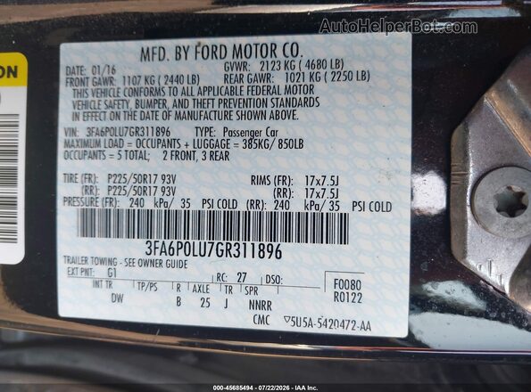 3FA6P0LU7GR311896 2016 FORD FUSION HYBRID Black Вид підкапотного простору