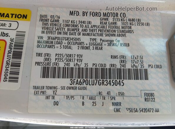 3FA6P0LU7GR345045 2016 FORD FUSION HYBRID Белый Вид подкапотного пространства