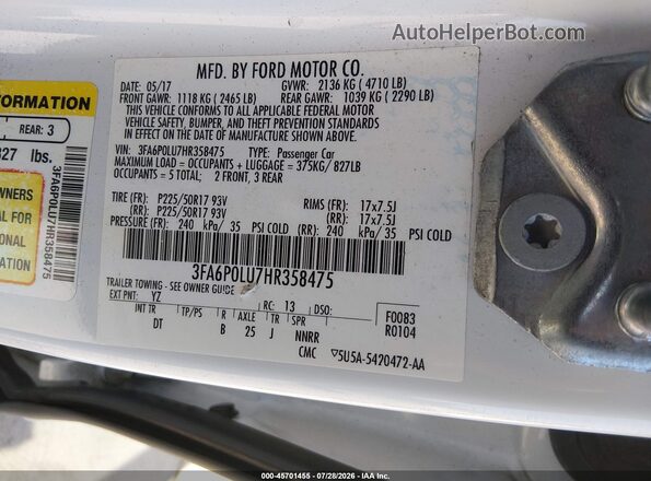 3FA6P0LU7HR358475 2017 FORD FUSION HYBRID White Engine compartment view