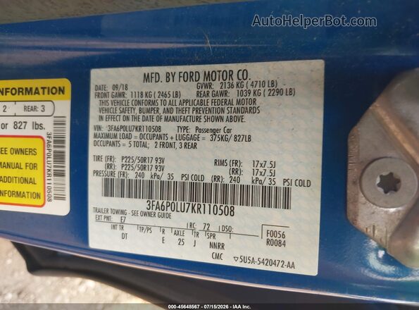 3FA6P0LU7KR110508 2019 FORD FUSION HYBRID Blue ძრავის განყოფილების ხედი
