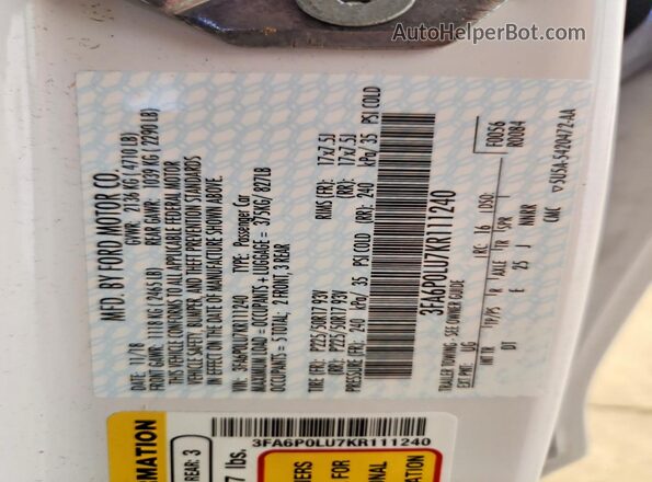 3FA6P0LU7KR111240 2019 FORD FUSION White Շարժիչի բաժամունքի տեսք
