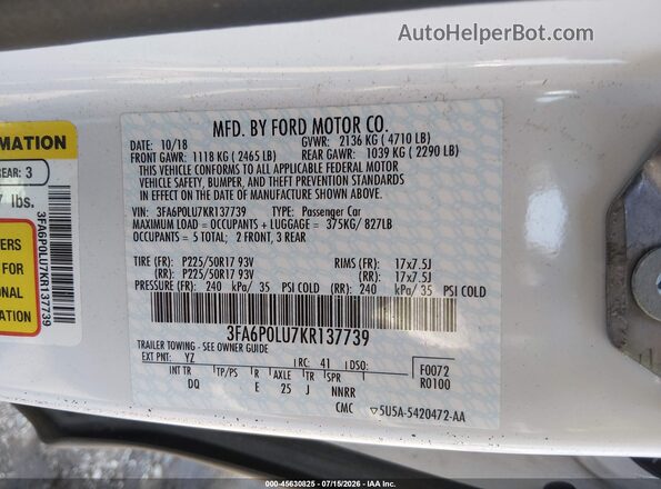 3FA6P0LU7KR137739 2019 FORD FUSION HYBRID White Vista del compartimento del motor