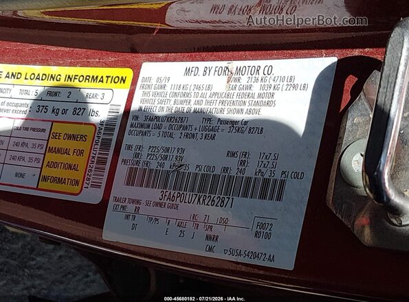 3FA6P0LU7KR262871 2019 FORD FUSION HYBRID Red Widok komory silnika