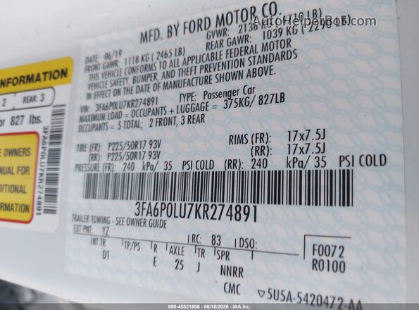 3FA6P0LU7KR274891 2019 FORD FUSION HYBRID White ძრავის განყოფილების ხედი