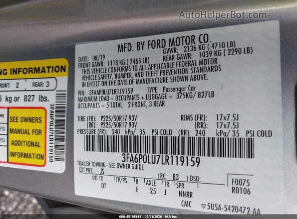 3FA6P0LU7LR119159 2020 FORD FUSION Silver Engine compartment view