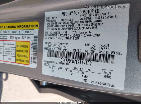 3FA6P0LU7LR119162 2020 FORD FUSION Silver Engine compartment view